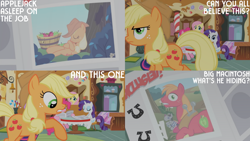 Size: 1280x720 | Tagged: safe, edit, edited screencap, editor:quoterific, imported from derpibooru, screencap, applejack, big macintosh, fluttershy, pinkie pie, rarity, smarty pants, twilight sparkle, earth pony, pegasus, pony, unicorn, ponyville confidential, season 2, apple, applejack's hat, bucket, cowboy hat, eyes closed, female, food, hat, male, mare, newspaper, offscreen character, sleeping, smiling, stallion, sugarcube corner, tree, unicorn twilight