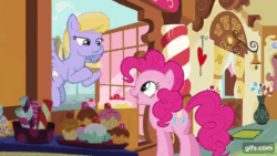 Size: 640x360 | Tagged: safe, imported from derpibooru, screencap, cloud kicker, discord, pinkie pie, draconequus, earth pony, pegasus, pony, make new friends but keep discord, season 5, animated, box, cute, diapinkes, exclamation point, female, flying, gif, gifs.com, male, mare, metal gear, open mouth, open smile, smiling, spread wings, sugarcube corner, warning, wings