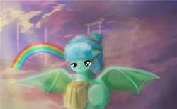Size: 1200x739 | Tagged: safe, imported from derpibooru, oc, oc only, bat pony, pony, bat pony oc, bat wings, cloud, collaboration, cup, cute, eyelashes, fangs, female, floppy ears, hoof hold, juice, lidded eyes, mare, outdoors, rainbow, smiling, solo, spread wings, sunlight, wings