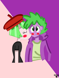 Size: 2448x3264 | Tagged: safe, imported from derpibooru, spike, watermelody, human, equestria girls, beret, blushing, cheek kiss, duo, hat, human spike, kissing, shipping, spike gets all the equestria girls, waterspike