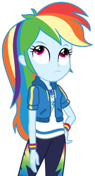 Size: 1672x3100 | Tagged: safe, artist:sketchmcreations, imported from derpibooru, rainbow dash, equestria girls, equestria girls series, holidays unwrapped, spoiler:eqg series (season 2), clothes, female, frown, geode of super speed, hand on hip, hoodie, looking up, magical geodes, o come all ye squashful, simple background, solo, thinking, transparent background, vector, wristband