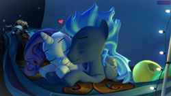 Size: 3819x2160 | Tagged: safe, artist:antonsfms, imported from derpibooru, rarity, oc, oc:silver sparkle, pegasus, pony, unicorn, 3d, bed, bedroom, cheek kiss, christmas, christmas lights, commission, cute, floating heart, folded wings, heart, high res, holiday, hooves, kissing, makeup, night, pegasus oc, pillow, pony oc, sleeping, snuggling, source filmmaker, wings