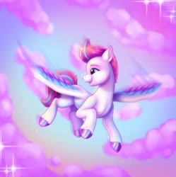 Size: 2960x2967 | Tagged: safe, artist:malarkey, imported from derpibooru, zipp storm, pegasus, pony, cloud, female, flying, g5, happy, mare, my little pony: a new generation, smiling, solo, sparkles, spread wings, wings