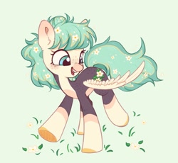 Size: 873x802 | Tagged: safe, artist:melodylibris, imported from derpibooru, oc, oc only, pegasus, pony, daisy (flower), flower, flower in hair, flower in tail, freckles, solo, spread wings, tail, wings