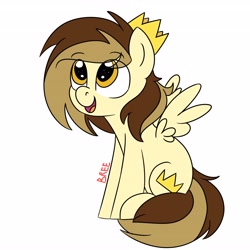 Size: 4096x4096 | Tagged: safe, artist:breebree, imported from derpibooru, oc, oc only, oc:prince whateverer, pegasus, pony, absurd resolution, crown, eye clipping through hair, eyebrows, eyebrows visible through hair, full body, happy, hooves, jewelry, open mouth, open smile, pegasus oc, regalia, signature, simple background, sitting, smiling, solo, spread wings, tail, two toned mane, two toned tail, white background, wings, yellow eyes