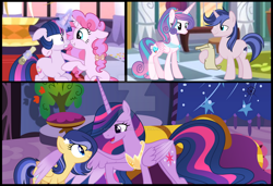 Size: 1280x875 | Tagged: safe, artist:auroranovasentry, imported from derpibooru, princess flurry heart, twilight sparkle, oc, oc:aurora nova, oc:cookie charm, oc:nightlight, alicorn, pegasus, pony, unicorn, the last problem, deviantart watermark, hug, male, obtrusive watermark, offspring, older, older twilight, parent:pinkie pie, parent:pokey pierce, parents:pokeypie, princess twilight 2.0, stallion, twilight sparkle (alicorn), watermark, winghug, wings