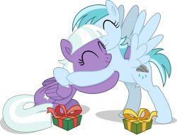 Size: 5265x4014 | Tagged: safe, artist:thatusualguy06, imported from derpibooru, appointed rounds, rainy day, pegasus, pony, .svg available, ^^, absurd resolution, background pony, duo, duo female, eyes closed, female, folded wings, hug, lesbian, mare, present, rainy rounds, shadow, shipping, simple background, sitting, smiling, spread wings, svg, tail, transparent background, two toned mane, two toned tail, vector, wings