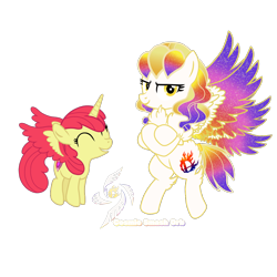Size: 1200x1200 | Tagged: safe, artist:galeemlightseraphim, imported from derpibooru, apple bloom, oc, oc:galeem light, alicorn, pony, ^^, alicorn oc, alicornified, bloomicorn, chest fluff, crossed arms, crossed hooves, duo, ethereal mane, eyelashes, eyes closed, female, filly, foal, grin, hooves, horn, mare, race swap, simple background, smiling, spread wings, starry mane, the cmc's cutie marks, transparent background, wings, yellow eyes