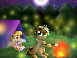 Size: 1600x1200 | Tagged: safe, artist:kaikururu, imported from derpibooru, oc, oc only, firefly (insect), insect, pegasus, pony, unicorn, campfire, commission, duo, fire, food, full moon, hoof hold, horn, marshmallow, moon, pegasus oc, roasted marshmallow, smiling, stars, tree, unicorn oc, wings, ych result