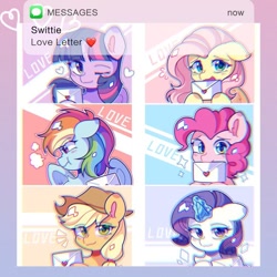 Size: 1080x1080 | Tagged: safe, artist:繁星烁烁, imported from derpibooru, applejack, fluttershy, pinkie pie, rainbow dash, rarity, twilight sparkle, alicorn, earth pony, pegasus, pony, unicorn, aesthetics, cute, dashabetes, diapinkes, glowing, glowing horn, horn, jackabetes, letter, magic, magic aura, mane six, raribetes, shyabetes, tsunderainbow, tsundere, twiabetes, twilight sparkle (alicorn), wechat