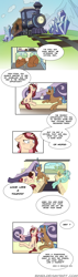 Size: 1306x4591 | Tagged: safe, artist:binidi, imported from derpibooru, lyra heartstrings, oc, pony, unicorn, comic, dialogue, female, freckles, horn, male, mare, outdoors, stallion, train, unicorn oc