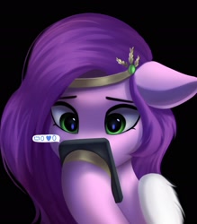 Size: 1700x1944 | Tagged: safe, artist:delta hronum, imported from derpibooru, pipp petals, pegasus, pony, black background, cellphone, female, floppy ears, g5, headband, like, mare, my little pony: a new generation, phone, retweet, sad, simple background, solo