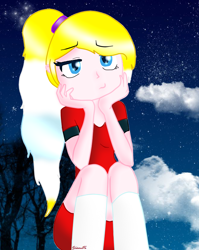 Size: 660x830 | Tagged: safe, artist:yulianapie26, imported from derpibooru, oc, oc only, equestria girls, bored, clothes, female, night, sitting, solo, stars, tree