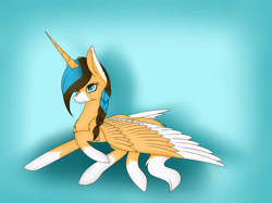 Size: 2832x2117 | Tagged: safe, artist:maneblue, imported from derpibooru, oc, oc only, alicorn, pony, alicorn oc, coat markings, female, gradient background, horn, mare, socks (coat markings), solo, wings