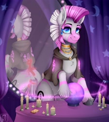Size: 3687x4096 | Tagged: safe, artist:buvanybu, imported from derpibooru, oc, oc:chifundo, hybrid, zony, fallout equestria, fallout equestria: dead tree, candle, card, cloak, clothes, commission, crystal ball, enchanted, eyes in the dark, futa, gold, herm, intersex, mirror, pink stripes, shaman, solo, spirit of lust