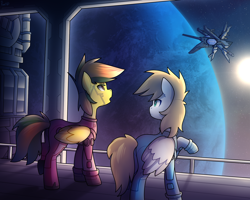 Size: 1920x1536 | Tagged: safe, artist:magicstarfriends, imported from derpibooru, oc, oc only, oc:cutting chipset, oc:dual screen, pegasus, pony, augmented, bodysuit, clothes, duo, female, looking at someone, male, planet, space, space station, spaceship, spacesuit, stars, window