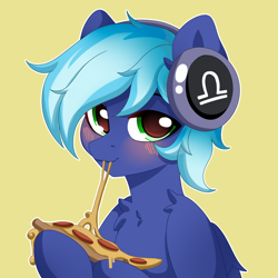 Size: 1600x1600 | Tagged: artist needed, safe, imported from derpibooru, oc, oc only, oc:moonlight drop, pegasus, pony, blushing, chest fluff, eating, food, green eyes, headphones, hoof hold, male, outline, pegasus oc, pizza, shading, simple background, solo, stallion, white outline, yellow background