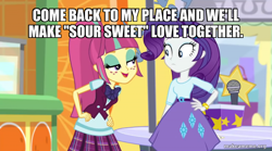 Size: 800x446 | Tagged: safe, edit, edited screencap, imported from derpibooru, screencap, rarity, sour sweet, dance magic, equestria girls, spoiler:eqg specials, caption, clothes, female, image macro, innuendo, skirt, text