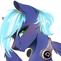 Size: 1920x1920 | Tagged: artist needed, safe, imported from derpibooru, oc, oc only, oc:moonlight drop, pegasus, bust, headphones, portrait, simple background, solo, white background