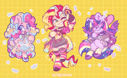 Size: 3072x1897 | Tagged: safe, artist:oofycolorful, imported from derpibooru, daybreaker, pinkie pie, spike, sunset shimmer, twilight sparkle, alicorn, earth pony, semi-anthro, unicorn, equestria girls, bipedal, clothes, cute, decora, dress, harajuku, leg warmers, one eye closed, skirt, smiling, socks, twilight sparkle (alicorn), watermark, wink