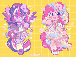 Size: 2520x1897 | Tagged: safe, artist:oofycolorful, imported from derpibooru, pinkie pie, princess celestia, spike, twilight sparkle, alicorn, earth pony, semi-anthro, baseball bat, bipedal, candy, chibi, clothes, cute, decora, diapinkes, food, glasses, harajuku, lollipop, twiabetes, twilight sparkle (alicorn), watermark