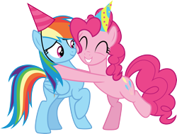 Size: 3973x3000 | Tagged: safe, artist:cloudy glow, imported from derpibooru, pinkie pie, rainbow dash, earth pony, pegasus, pony, secrets and pies, .ai available, ^^, bipedal, duo, duo female, eyes closed, female, folded wings, grin, hat, high res, hooves, hug, mare, party, party hat, pink mane, pink tail, raised hoof, simple background, smiling, standing, tail, transparent background, vector, wings