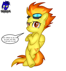 Size: 3840x4154 | Tagged: safe, alternate version, artist:damlanil, imported from derpibooru, spitfire, pegasus, pony, bipedal, bipedal leaning, comic, cool, crossed hooves, crossed legs, female, folded wings, goggles, high res, leaning, looking at you, mare, misspelling, raised eyebrow, show accurate, signature, simple background, solo, speech bubble, standing on two hooves, talking to viewer, text, transparent background, vector, wings