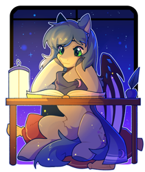 Size: 1600x1900 | Tagged: safe, artist:九枭, imported from derpibooru, oc, oc only, oc:starlight classics, bat pony, pony, book, inkwell, lantern, pillow, quill, solo, stars, table