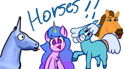 Size: 3860x2160 | Tagged: safe, artist:llamalauncher, imported from derpibooru, izzy moonbow, horse, pony, unicorn, centaurworld, charlie the unicorn, crossover, dreamworks, female, g5, horse (centaurworld), horse-pony interaction, male, my little pony: a new generation, one of these things is not like the others, simple background, spirit: stallion of the cimarron, tongue out, white background