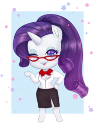 Size: 1280x1691 | Tagged: safe, artist:darkadraws, imported from derpibooru, rarity, anthro, semi-anthro, unguligrade anthro, unicorn, arm hooves, blouse, chibi, clothes, commission, cravat, female, glasses, looking at you, one eye closed, rarity's glasses, side slit, skirt, solo