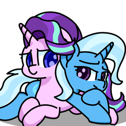 Size: 2000x2000 | Tagged: safe, artist:exoticeon, imported from derpibooru, starlight glimmer, trixie, pony, unicorn, duo, duo female, female, high res, lesbian, lying down, mare, prone, shipping, simple background, smiling, startrix, transparent background