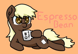 Size: 2896x2000 | Tagged: safe, artist:exoticeon, imported from derpibooru, oc, oc only, oc:espresso bean, earth pony, pony, coffee mug, cute, earth pony oc, female, hoof hold, lying down, mug, on side, orange background, simple background, solo