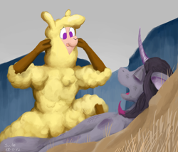 Size: 3500x3000 | Tagged: safe, artist:suule, imported from derpibooru, alpaca, anthro, unicorn, them's fightin' herds, aftermath, bruised, cloven hooves, commission, community related, defeated, eyes closed, game over, invincible, lying down, meme, oleander (tfh), open mouth, paprika (tfh), think mark, tongue out, unconscious