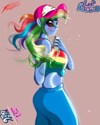 Size: 1080x1350 | Tagged: safe, artist:mlp-france-yt, imported from derpibooru, rainbow dash, equestria girls, alcohol, blushing, clothes, female, midriff, simple background, solo