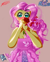 Size: 1080x1350 | Tagged: safe, artist:mlp-france-yt, imported from derpibooru, fluttershy, equestria girls, blushing, breasts, cleavage, clothes, dress, female, flower, rose, simple background, solo