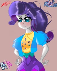 Size: 1080x1350 | Tagged: safe, artist:mlp-france-yt, imported from derpibooru, rarity, equestria girls, blushing, breasts, busty rarity, clothes, female, red background, simple background, smiling, solo
