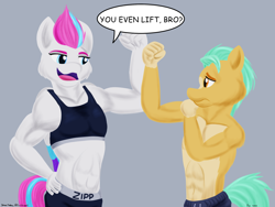 Size: 2400x1800 | Tagged: safe, artist:rockhoppr3, imported from derpibooru, hitch trailblazer, zipp storm, anthro, earth pony, pegasus, abs, clothes, do you even lift, duo, female, flexing, folded wings, g5, male, meme, muscles, muscular female, muscular male, my little pony: a new generation, partial nudity, ripped zipp, sad hitch, shorts, speech bubble, sports bra, sports shorts, toned, toned female, topless, wings
