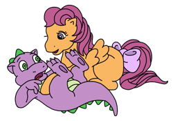 Size: 555x387 | Tagged: safe, artist:mattiedrawsponies, imported from derpibooru, scootaloo, spike, dragon, pegasus, pony, baby, baby dragon, blank flank, bow, caught, colored, cute, cutealoo, duo, female, filly, foal, g1, g4, g4 to g1, generation leap, male, open mouth, open smile, scootaspike, shipping, shocked, simple background, smiling, spikabetes, straight, tail, tail bow, talking, transparent background, vector