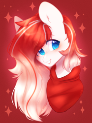 Size: 676x903 | Tagged: safe, artist:babiiclouds, artist:cofiiclouds, imported from derpibooru, oc, oc only, oc:making amends, pegasus, blue eyes, blushing, bust, clothes, looking at you, patreon, patreon reward, pegasus oc, red background, simple background, smiling, smiling at you, solo, sparkles, white coat