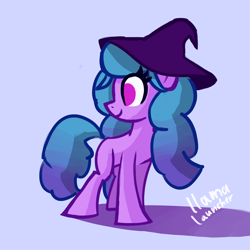 Size: 2500x2500 | Tagged: safe, artist:llamalauncher, imported from derpibooru, izzy moonbow, pony, unicorn, blue background, female, g5, hat, my little pony: a new generation, simple background, solo, witch hat
