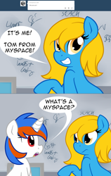 Size: 1280x2030 | Tagged: safe, artist:furrgroup, imported from derpibooru, oc, oc only, oc:internet explorer, oc:safari, earth pony, pony, unicorn, ask internet explorer, 2 panel comic, ask, browser ponies, comic, dialogue, duo, duo female, earth pony oc, eye contact, female, grin, hooves, horn, internet explorer, looking at each other, looking at someone, mare, myspace, raised hoof, smiling, speech bubble, two toned mane, unicorn oc, yellow mane