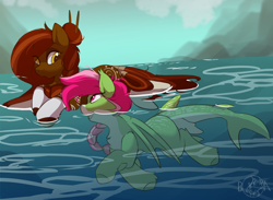 Size: 3136x2300 | Tagged: safe, artist:beardie, imported from derpibooru, oc, oc only, oc:snapdragon, oc:teuila, okapi, original species, shark, shark pony, cute, looking at each other, looking at someone, surfboard, swimming, water