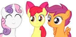 Size: 2234x1096 | Tagged: safe, artist:jan, edit, edited screencap, imported from derpibooru, screencap, apple bloom, scootaloo, sweetie belle, earth pony, pegasus, pony, unicorn, ask the crusaders, background removed, cutie mark crusaders, eyes closed, female, filly, foal, not a vector, simple background, transparent background