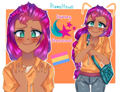 Size: 2160x1620 | Tagged: safe, artist:diameltzowo, imported from derpibooru, sunny starscout, earth pony, human, bag, clothes, dark skin, female, food, g5, happy, humanized, my little pony: a new generation, orange, pansexual pride flag, pride, pride flag, purse, smiling, solo