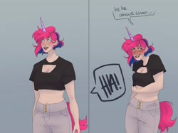 Size: 2732x2048 | Tagged: safe, artist:snows-undercover, derpibooru exclusive, imported from derpibooru, oc, oc only, oc:lilac, human, belly button, blushing, boob window, clothes, commission, ear piercing, earring, embarrassed, female, grin, horn, horned humanization, humanized, humanized oc, jeans, jewelry, midriff, offscreen character, open mouth, pants, piercing, shirt, smiling, solo, t-shirt, tail, tailed humanization