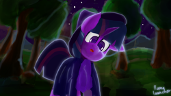 Size: 3860x2160 | Tagged: safe, artist:llamalauncher, imported from derpibooru, twilight sparkle, pony, female, forest, hat, night, one ear down, solo, tree, witch, witch hat