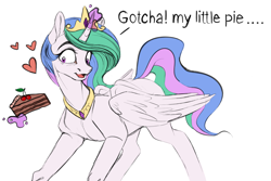 Size: 1950x1305 | Tagged: safe, artist:vetta, imported from derpibooru, princess celestia, alicorn, pony, cake, cakelestia, crown, female, floating heart, food, glowing, glowing horn, heart, horn, jewelry, levitation, magic, mare, regalia, simple background, solo, telekinesis, that pony sure does love cakes, white background, yandere