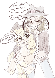 Size: 614x869 | Tagged: safe, artist:mimiporcellini, imported from derpibooru, applejack, earth pony, human, pony, crossover, crossover shipping, eyes closed, hol horse, holding a pony, holjack, interspecies, jojo's bizarre adventure, shipping, smiling