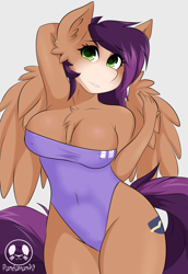 Size: 2894x4203 | Tagged: safe, artist:panda-man90, imported from derpibooru, oc, oc only, oc:fast hooves, anthro, clydesdale, pegasus, unguligrade anthro, arm behind head, breasts, bust, cleavage fluff, clothes, commissioner:bigonionbean, female, fusion, fusion:flash sentry, fusion:trouble shoes, implied transgender transformation, mare, one-piece swimsuit, pose, rule 63, solo, swimsuit, wings, writer:bigonionbean