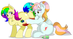 Size: 9000x4846 | Tagged: safe, artist:rainbowtashie, imported from derpibooru, oc, oc:instant care, oc:rainbow tashie, earth pony, pegasus, pony, blushing, bruised, butt, commissioner:bigonionbean, cream, embarrassed, extra thicc, female, flank, fusion, fusion:lightning dust, fusion:nurse redheart, giggling, hat, large butt, looking back, lotion, mare, nintendo, nintendo 64, nurse hat, plot, simple background, the ass was fat, transparent background, writer:bigonionbean